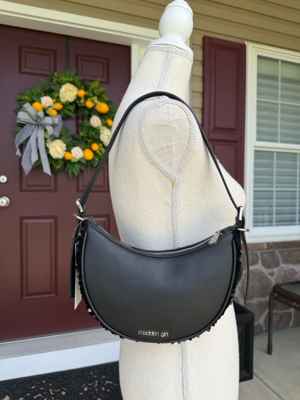 Madden Girl Black Crescent Shoulder Bag with Sequin back & sides